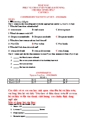 Đề và đáp án luyện nghe Tiếng anh lớp 6, 7